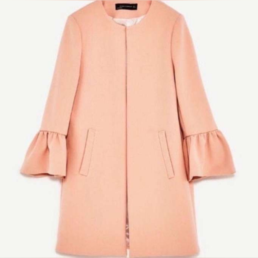 EUC ZARA Blush Pink Peach Bell Ruffle Sleeve Open Front Coat Duster Size Small